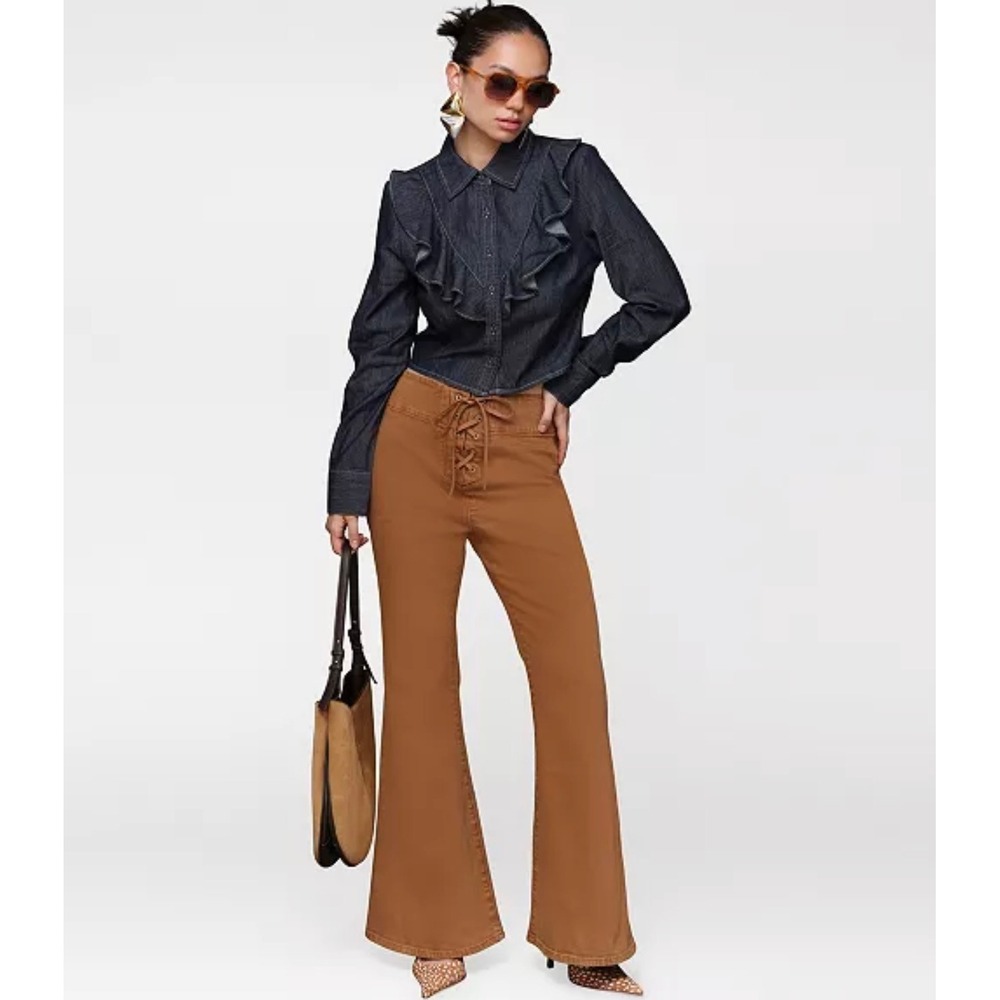 Avec Les Filles Santa Fe Umber Lace Up High Rise Flare‎ Jeans 27 Brown NWT Retro